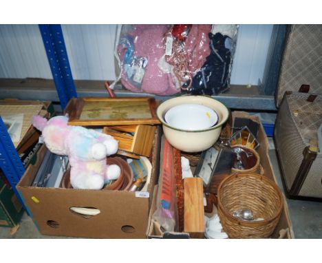 Two boxes of assorted sundries to include enamel chamber pot etc