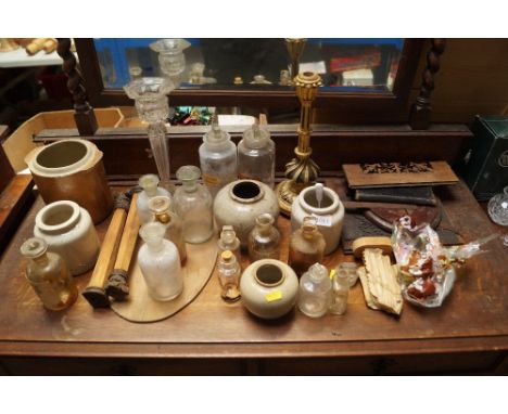 A cut glass table lamp base, various glass chemist, alabaster figure (AF), a carved gilt wooden candle stick etc.