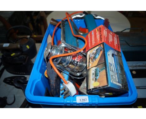 A box containing various tools together with a tool box and a Black &amp; Decker jobber