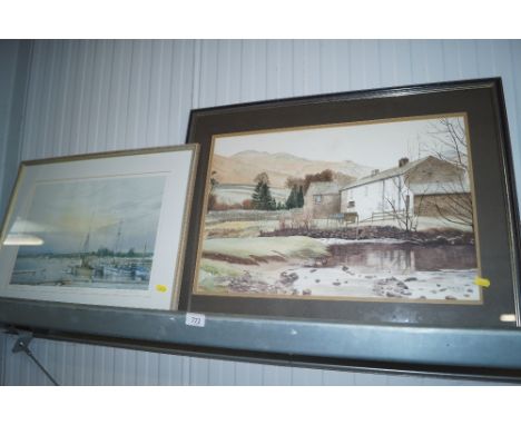 A pencil signed limited edition print "Woodbridge Harbour" and Bill Hall watercolour study