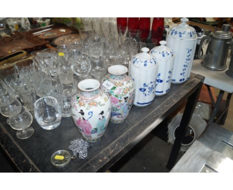 A pair of Oriental vases, three blue &amp; white storage jars and a compass