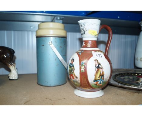 A continental pottery jug and a flask