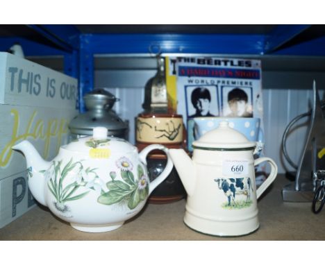 Two reproduction Beatles advertising signs; various pottery jugs; candle lantern etc
