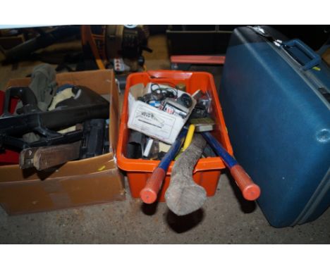 Two boxes containing various tools; BB gun; Samsonite case etc