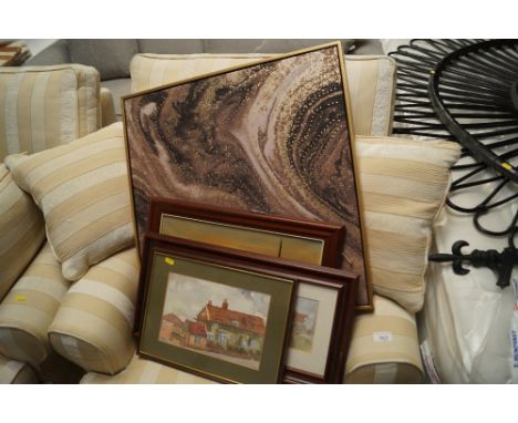 An abstract print on canvas, oil on canvas study of moored boats, two prints depicting Woodbridge Tide Mill and the Mill at F