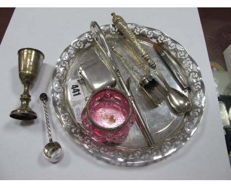 A Hallmarked Silver Vesta Case, of plain design, a decorative cranberry glass salt, vintage curling tong (handle stamped "925