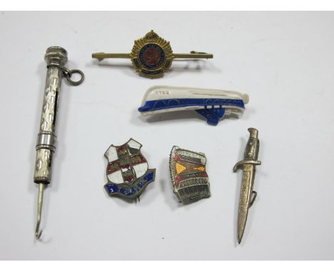 Belgique Dagger Badge, 'Soberano' enamel badge, Royal Army Service Corps bar brooch, RNLI plastic badge, sliding button hook,