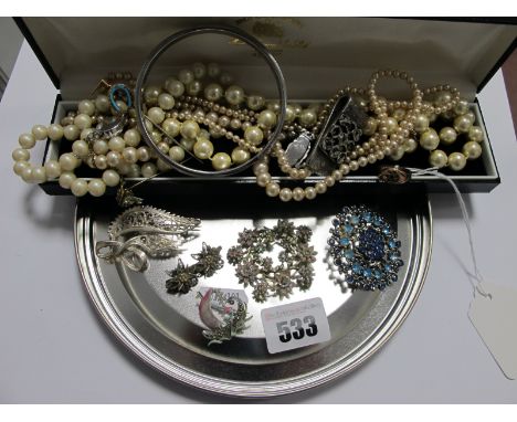 A Victorian Style Dress Ring, stamped "9" ".375", two stick pins, three imitation pearl bead necklaces, a floral filigree bar