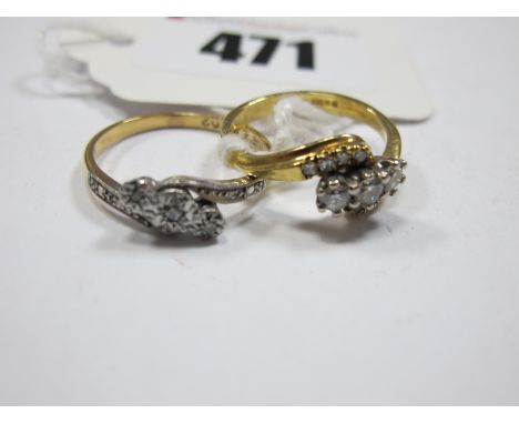 A Delicate 18ct Gold Three Stone Diamond Ring, claw set, between diamond set crossover shoulders (finger size J) (3g), anothe