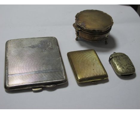 A Hallmarked Silver Trinket Pot, Birmingham 1919, of shaped circular form, raised on three pad feet (damages); an engine turn