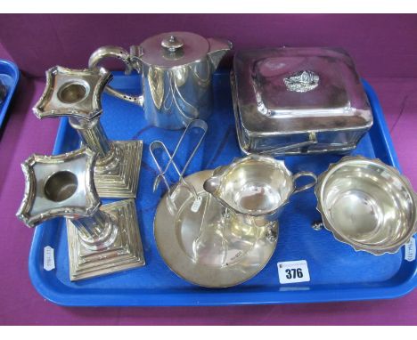 A Hallmarked Silver Dish/Coaster, of plain design, 13cm diameter; hallmarked silver and plated sugar tongs; a Walker &amp; Ha