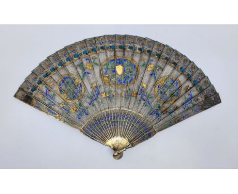 A Chinese Qing dynasty export parcel gilt,&nbsp;unmarked silver filigree and cloisonne enamel Brise fan,&nbsp;the fine filigr