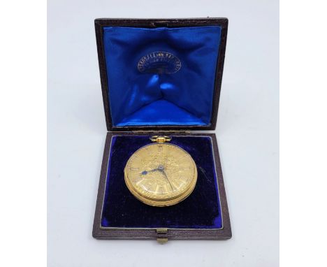 A William IV 18ct. gold open face pocket watch, key wind, having engine turned and finely engraved gold Roman numeral dial wi