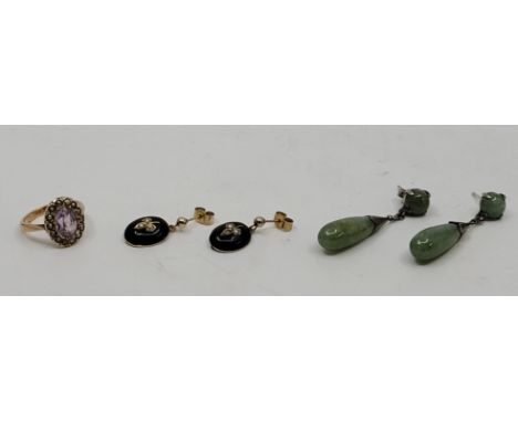 A pair of yellow metal, black onyx and pearl set drop earrings, each having oval cabochon black onyx with yellow metal leaf s