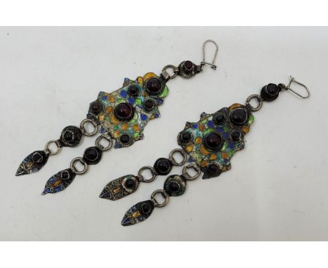A pair of white metal and polychrome cloisonne enamel and paste set drop earrings, (white metal assessed as silver), hook fit