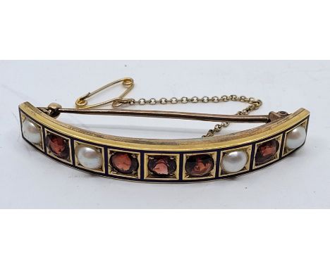 A yellow and rose metal, garnet, pearl and blue enamel curved brooch, set five mixed round cut garnets and four pearls all bo