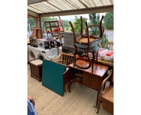 Cupboard on casters along with 2 blue seated dining chairs, folding card table, carver kitchen chairs, piano stool &amp; 2 fo