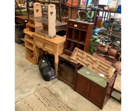 Small pine hall table, 2 pine shelving units, cd rack, wooden cupboard, cushion top stool, small metal racking unit, spanner 