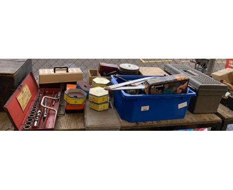 Shelf of tools to include a socket set, toolbox with contents, pliers, sanding wheels etc