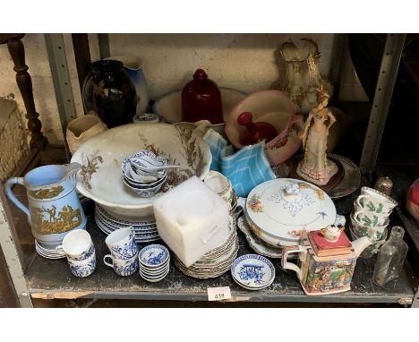 Shelf to include 2 jug &amp; bowls, plates, tea pot, Coalport Indian Tree cups &amp; saucers etc