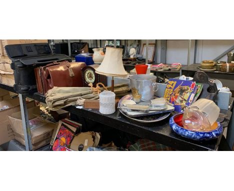 Shelf of items to include brief cases, mantel clock, standard lamp, a Veuve Clicquot metal champagne bucket, dressing table s