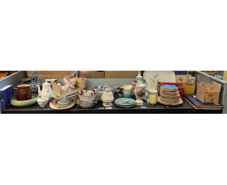 Shelf of plates, jugs, Denby Stoneware plate, box of childrens toys, etc