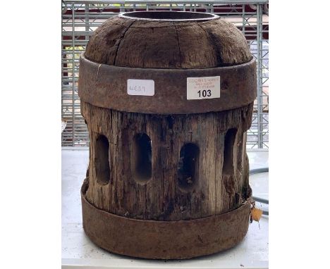 Wooden &amp; iron strapped block marked GWR, possibly old locomotive workshop item
