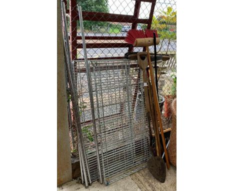 5 brooms, garden tools &amp; set of metal racking