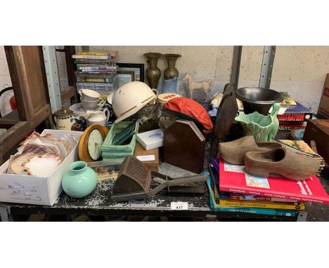 Shelf of items to include an Oxo cube pot, Royal Doulton Bridal Veil part tea service, hats, clock, scallop shells, pair of w