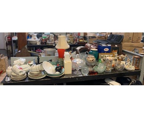 Shelf of items to include 2 Denby teapots, various cups &amp; saucers, glass dish, shells, cased butterflies, ornaments etc