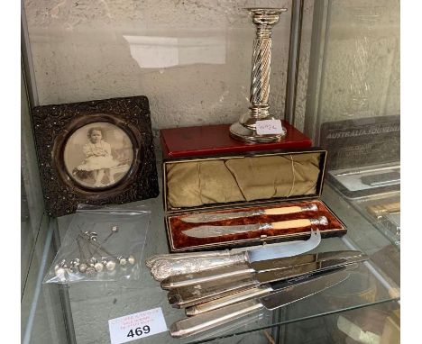 Silver plated candlestick, framed picture, hat pins, knives etc