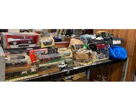 Shelf of models of Yesteryear, boxed car models, waggon &amp; horse models, farm animals etc