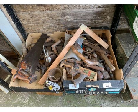 2 boxes of saws, planes &amp; various wood working tools