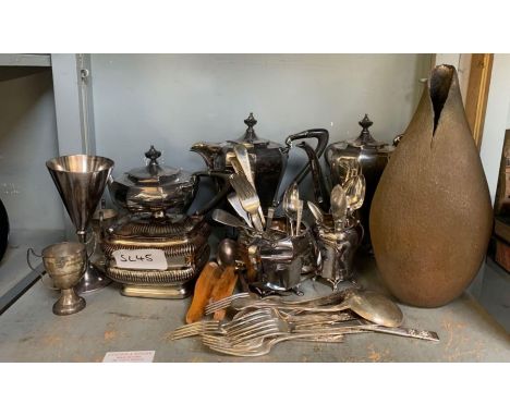 Shelf of plateware to include 2 coffee pots, teapot, lidded pot, cutlery, milk jug, sugar bowl etc