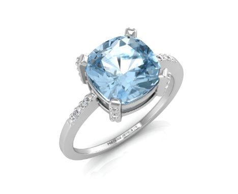 One cushion cut blue topaz with a whopping weight of 3.54 carats is set with eight diamonds on the shoulders of this 9ct whit