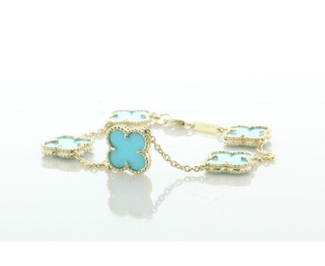 9ct yellow gold and turquoise bracelet. Five turquoise Alhambra charms, link chain. Bracelet length 7 1/2 inch. Item Specific