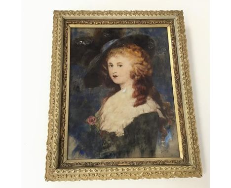 T. Kleinschmidt, Portrait of Lady in Hat, reverse painting on glass (26cm x 20cm) (a/f)