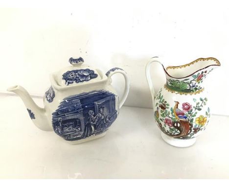 A Goode &amp; Co. Spode jug in polychrome decoration with flowers and birds (16cm x 13cm x 10cm) and a Historic Colonial Scen