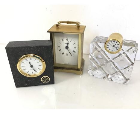 A collection of mantel clocks including a Kilkenny marble clock with original box (10cm x 9cm x 3cm), a Mikasa crystal mantel