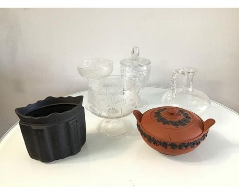 A Jasperware fluted crenallated top sugar basin (missing top), a Wedgwood Jasperware lidded dish, a fern engraved Edwardian s