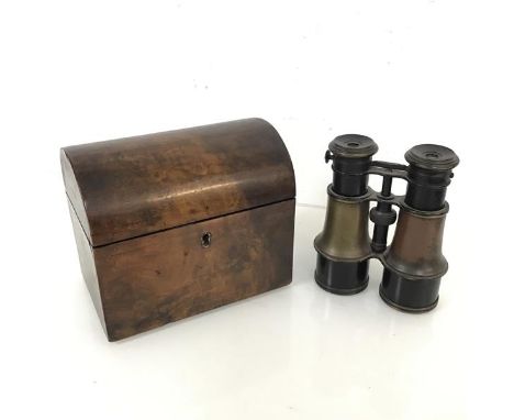 A 19thc tea caddy, with mahogany interior (15cm x 18cm x 12cm) and a pair of Edwardian field glasses, marked J. St. Monton (2