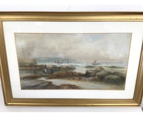 Seascape with Harbour, watercolour, titled and signed bottom right (26cm x 48cm)