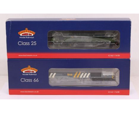 Bachmann: A boxed Bachmann, OO Gauge, Class 25/3 D7502 BR Two Tone Green, Reference 32-406. Together with Class 66 Diesel 663