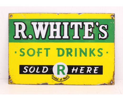 Advertising: An R White's Soft Drinks Sold Here, single-sided enamel sign, white, green, yellow and black enamel. Showing sig