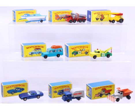 Matchbox: A collection of eight assorted boxed Matchbox 75 Series vehicles to comprise: Cabin Cruiser and Trailer 9, Pipe Tru