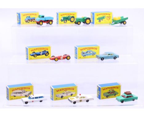 Matchbox: A collection of eight assorted boxed Matchbox 75 Series vehicles to comprise: Unimog 49, John Deere-Lanz Tractor 50