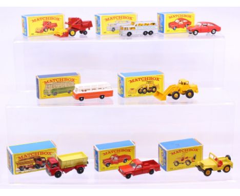 Matchbox: A collection of eight assorted boxed Matchbox 75 Series vehicles to comprise: Claas Combine Harvester 65, Greyhound