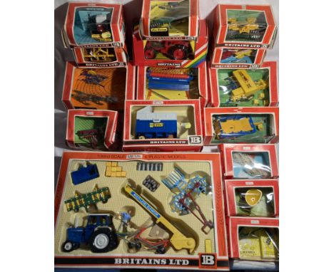 Britains: A collection of Britains Farm Tractors and Equipment to include: Tractor and Implement Set 9590 (tear to bottom of 