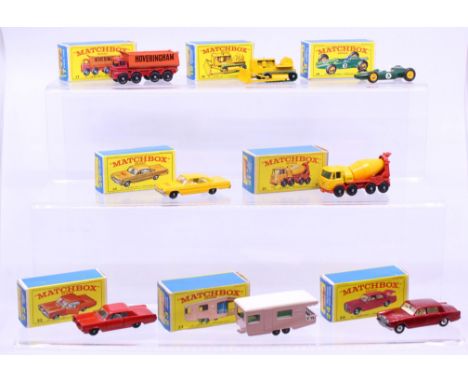 Matchbox: A collection of eight assorted boxed Matchbox 75 Series vehicles to comprise: 8-Wheel Tipper 17, Caterpillar Bulldo