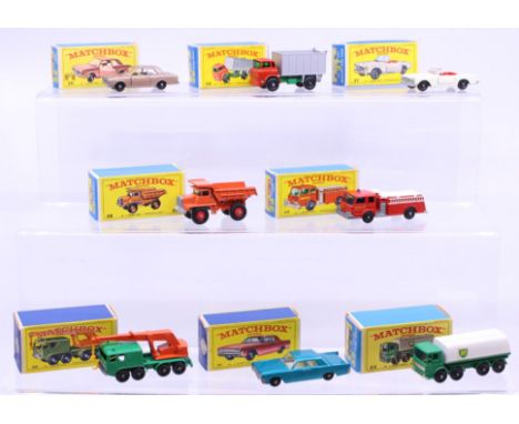 Matchbox: A collection of eight assorted boxed Matchbox 75 Series vehicles to comprise: Ford Cortina 25, Tipper Truck 26, Mer